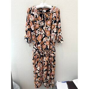 BOHME | Floral Midi Dress Black Pink Brown Boho Tie Neck | Size Medium